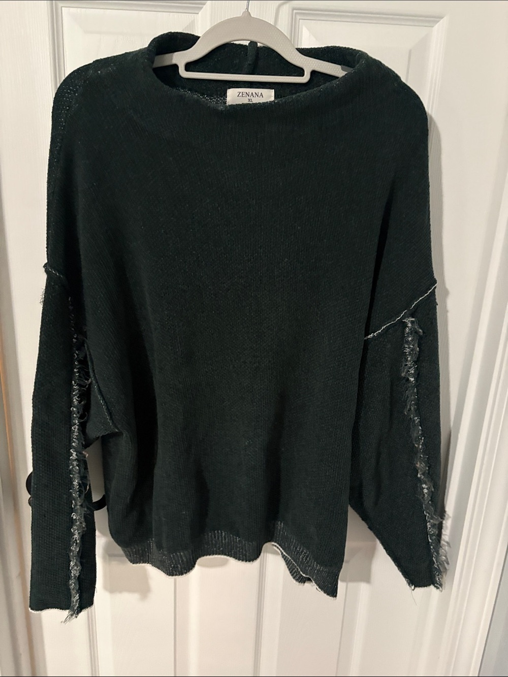 Zenana Outfitters Black Frayed-Trim Crewneck Sweater